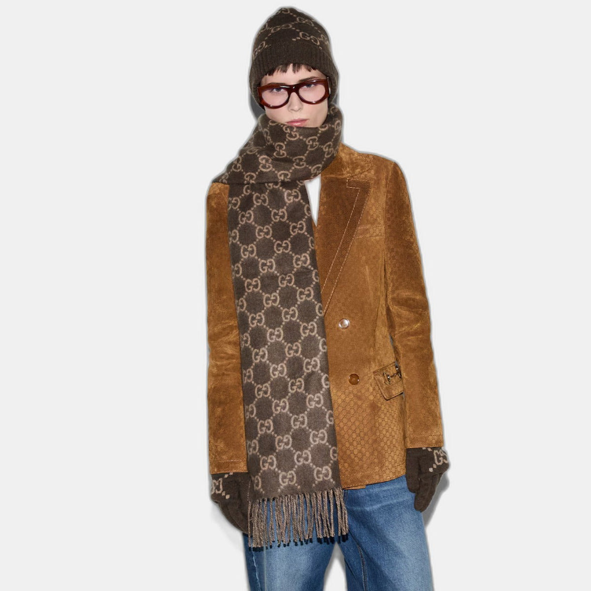 Bonnet et Écharpe en jacquard de cachemire GG marron et beige