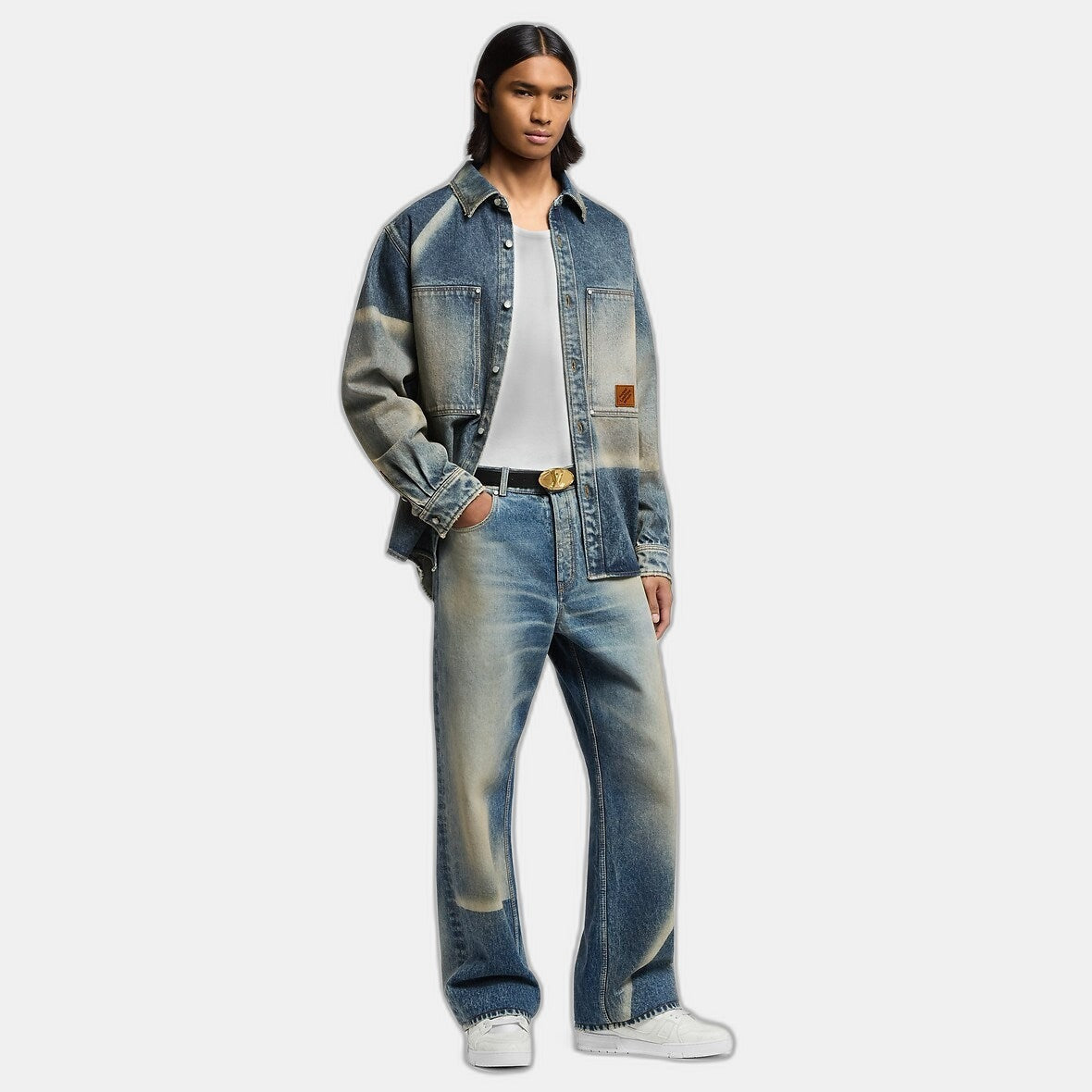 Pantalon droit effet décoloré en denim