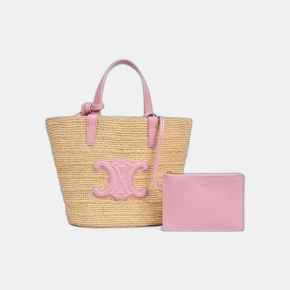 Céline - Classic Panier petit modèle Souple Raphia et veau Pink