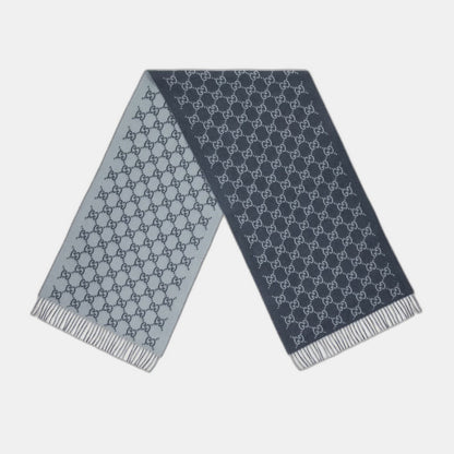 Bonnet et Écharpe en jacquard de cachemire GG bleu marine et bleu clair