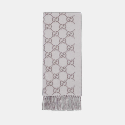 Bonnet et Écharpe en jacquard de cachemire GG ivoire et gris clair