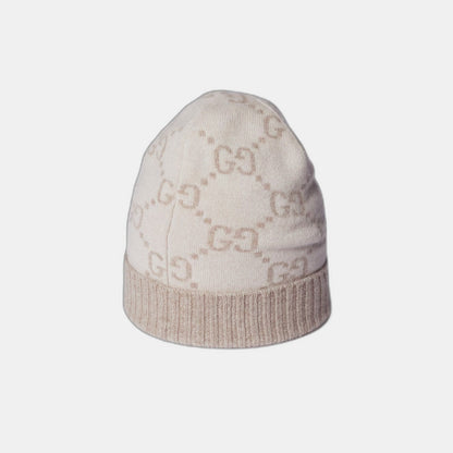 Bonnet et Écharpe en jacquard de cachemire GG blanc cassé et beige