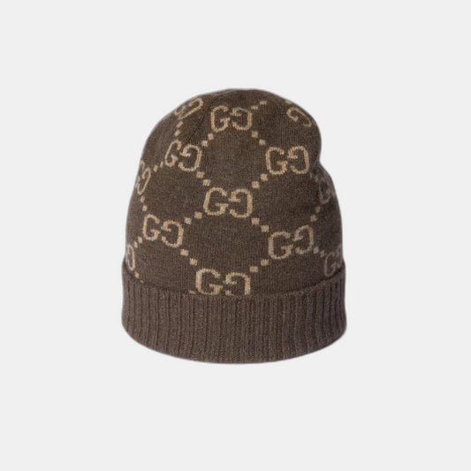 Bonnet et Écharpe en jacquard de cachemire GG marron et beige