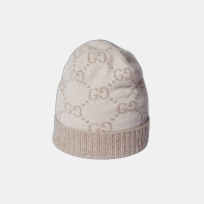 Bonnet et Écharpe en jacquard de cachemire GG blanc cassé et beige