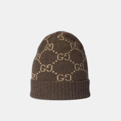 Bonnet et Écharpe en jacquard de cachemire GG marron et beige