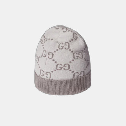 Bonnet et Écharpe en jacquard de cachemire GG ivoire et gris clair