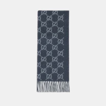 Bonnet et Écharpe en jacquard de cachemire GG bleu marine et bleu clair