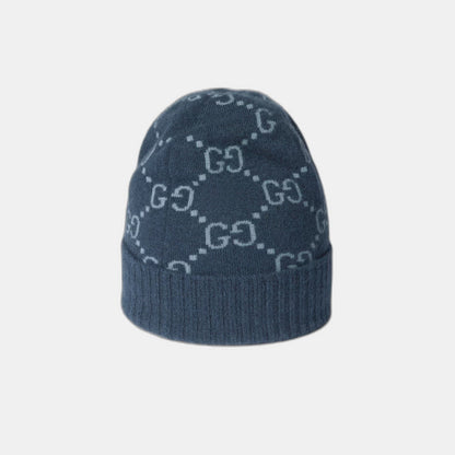 Bonnet et Écharpe en jacquard de cachemire GG bleu marine et bleu clair