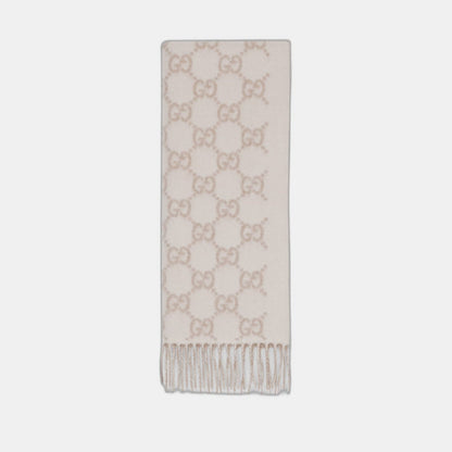 Bonnet et Écharpe en jacquard de cachemire GG blanc cassé et beige