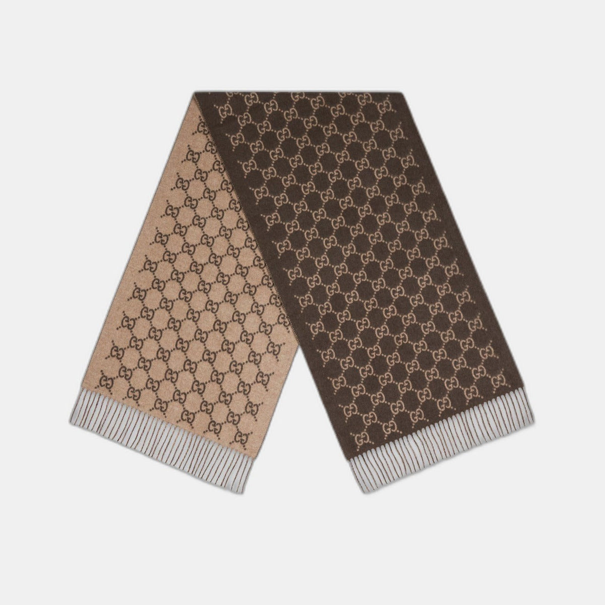 Bonnet et Écharpe en jacquard de cachemire GG marron et beige